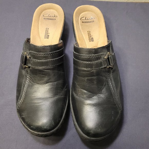 CLARK WOMENS BLACK LEATHER SLIP ON CLOGS - GREAT CONDITION - Picture 1 of 8